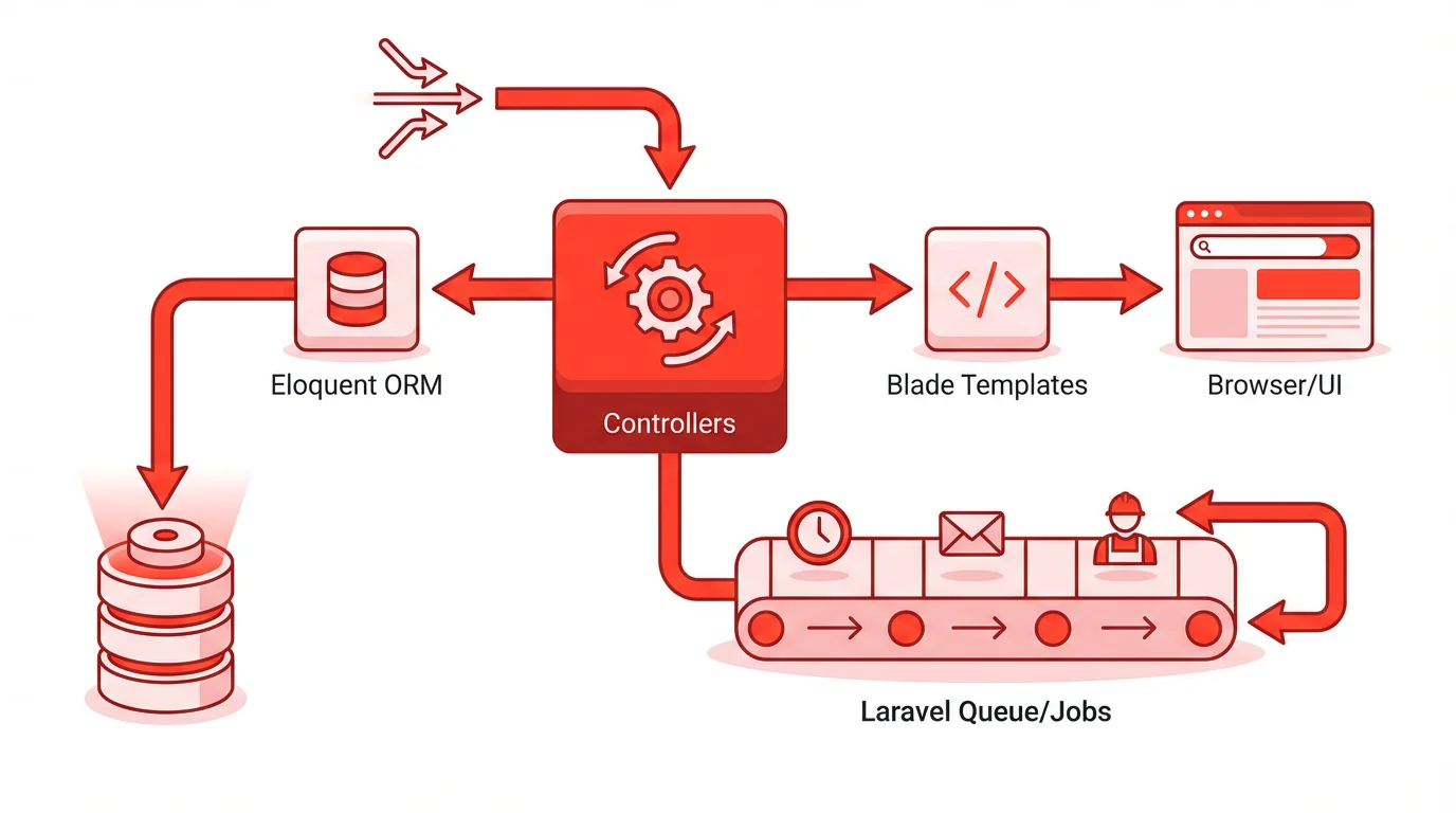 Laravel MVC architecture diagram showing Eloquent ORM, Controllers, Blade Templates, and Queue Jobs