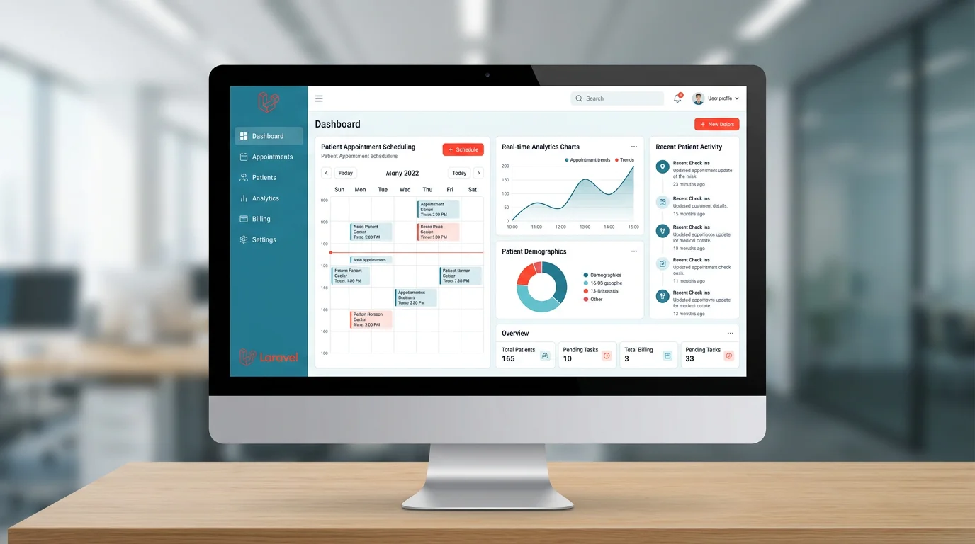 Healthcare SaaS dashboard built with Laravel showing appointment scheduling and analytics