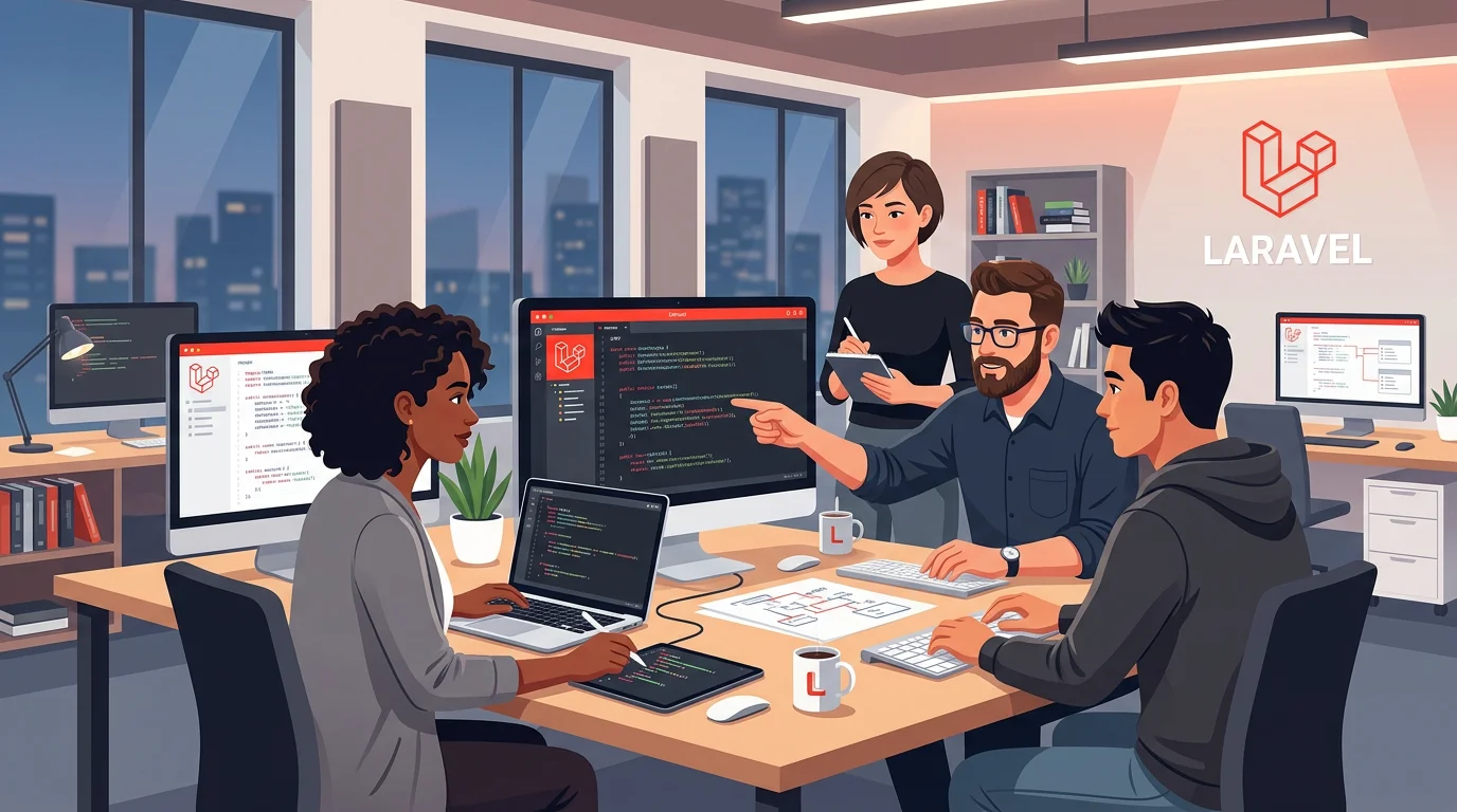 Senior Laravel developers collaborating on a PHP project in a modern office